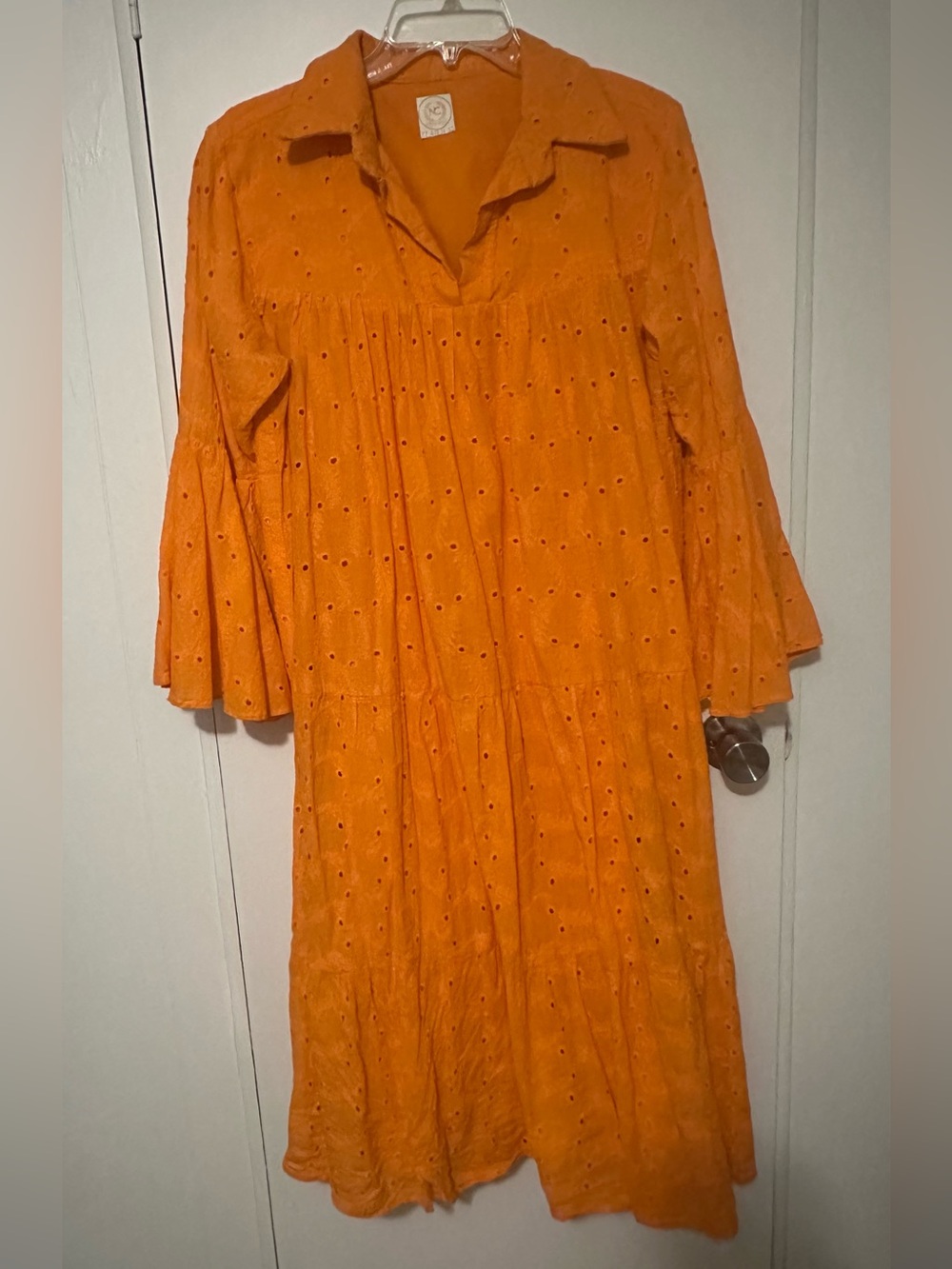 Ndindy Couture Women’s Orange Eyelet Embroidered Dress w/ Flared Sleeves